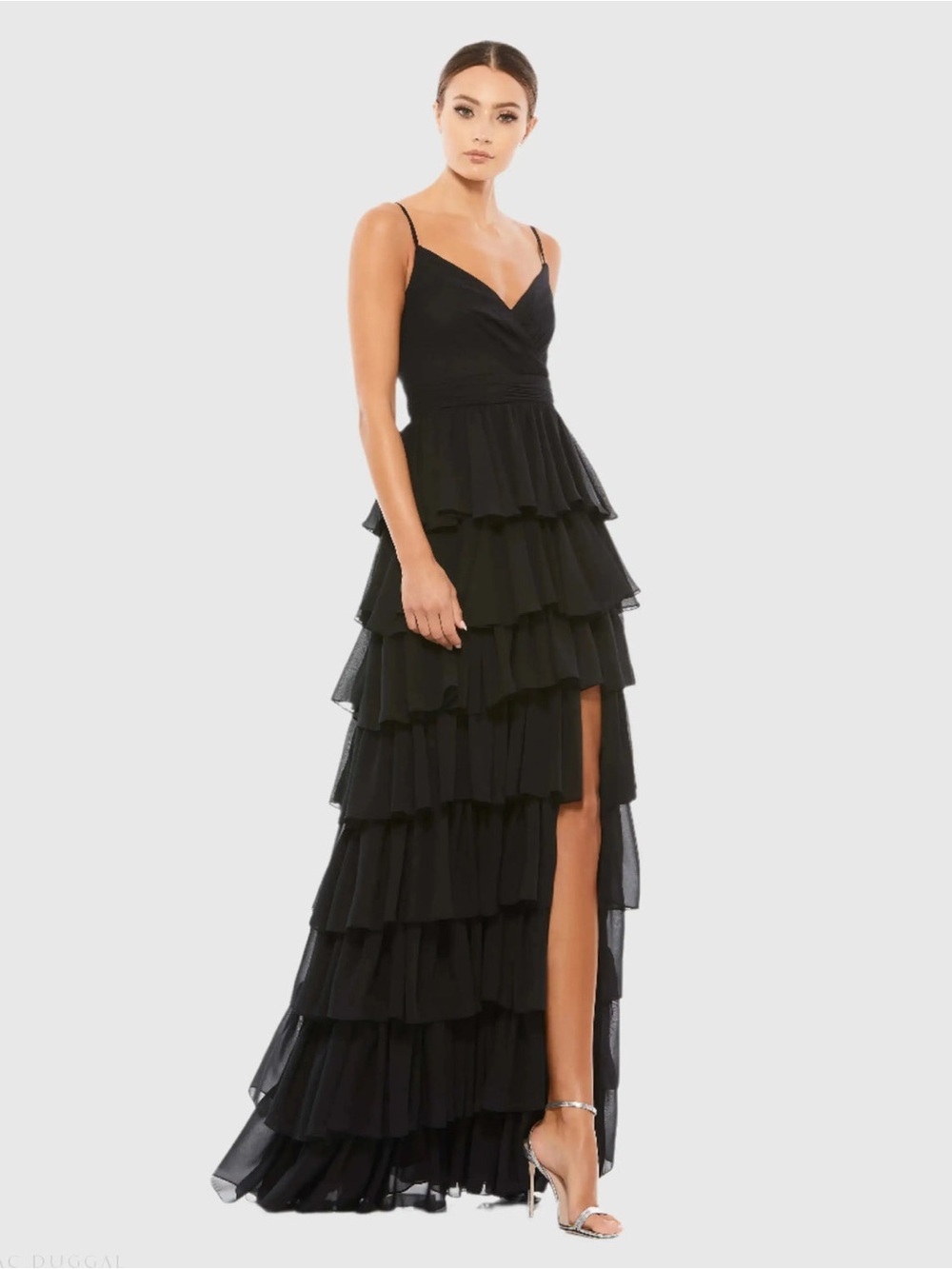 Ieena for Mac Duggal • V-Neck Ruffled Skirt Gown